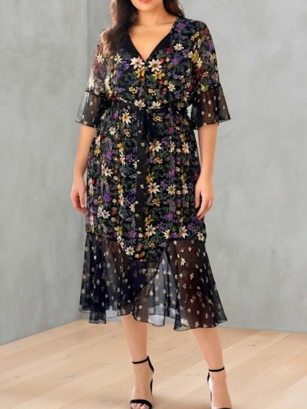 Taylor Dress Occasion Vibrant Florals Over Black Elbow Length Sleeves Belted 6